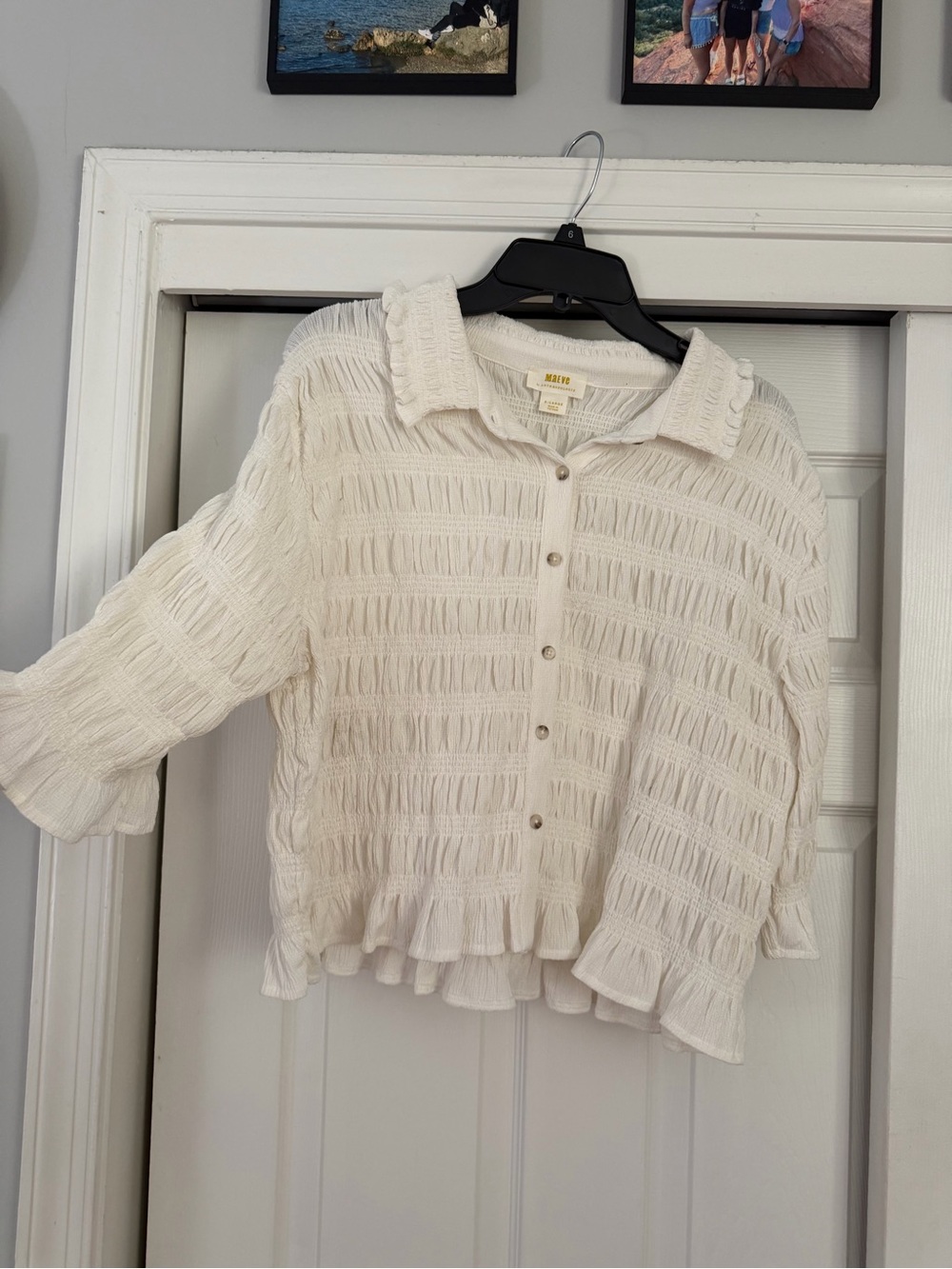 Maeve Cream Textured Ruffle-Hem Button Down Shirt